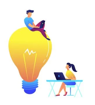 Programmer working with laptop on huge light bulb and designer at desk vector Illustrazione stock