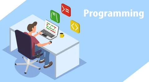 The programmer is working on a laptop. A programmer in isometry is writing Stock Illustration