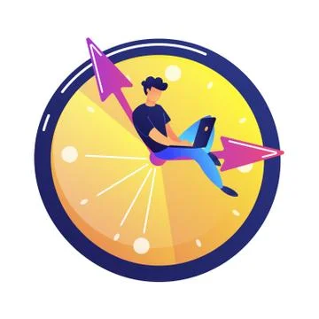 Programmer working on laptop sitting on the hand in a big clock vector Stock Illustration
