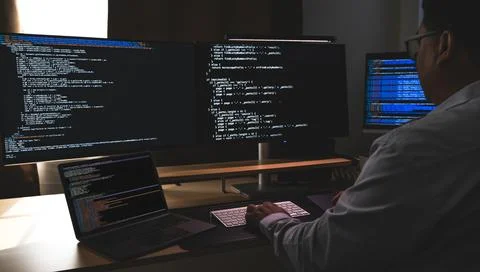 Programmer working at a multi monitor computer setup with code on screens i.. 스톡 사진