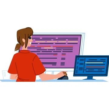 Programmer working with multiple computer screens showing code Stock Illustration