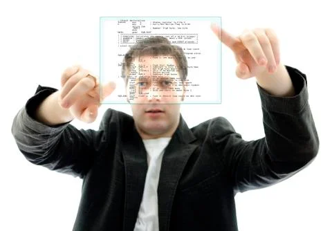 Programmer working with a touch screen interface. Isolated on white. Stock Photos