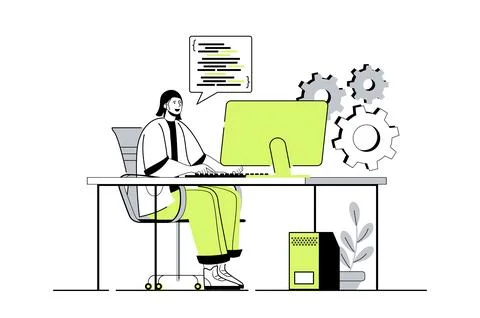 Programmer working web concept with flat cartoon people for website design... 스톡 일러스트