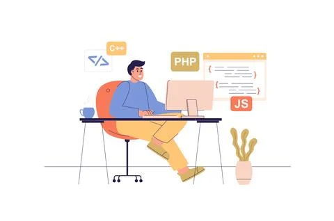 Programmer working web concept with people scene. Developer sitting at comp.. Stock Illustration