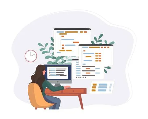 Programmer working on web development code. Engineer programming in python, php Stock Illustration