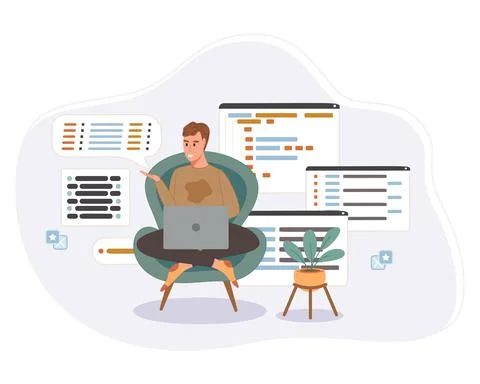 Programmer working on web development code. Engineer programming in python, php Stock Illustration