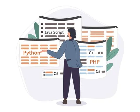 Programmer working on web development code. Engineer programming in python, php Illustration