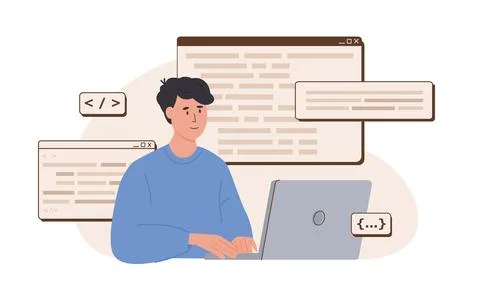 Programmer working on web development in php, python, javascript on virtual Stock Illustration