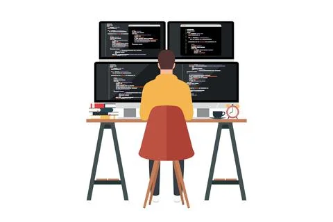 Programmer working writing code on computer isolated on white background Stock Illustration