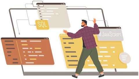 Programmer is working on writing codes on special language sql and java script Stockillustratie
