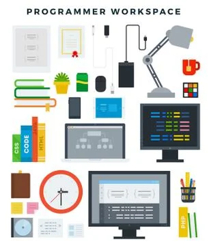 Programmer workplace elements, set. Software developer's office workspace, tools Illustrazione stock
