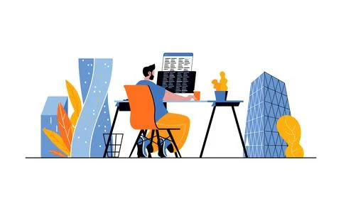 Programmer workplace web concept with people in flat cartoon design. Man work Stockillustratie