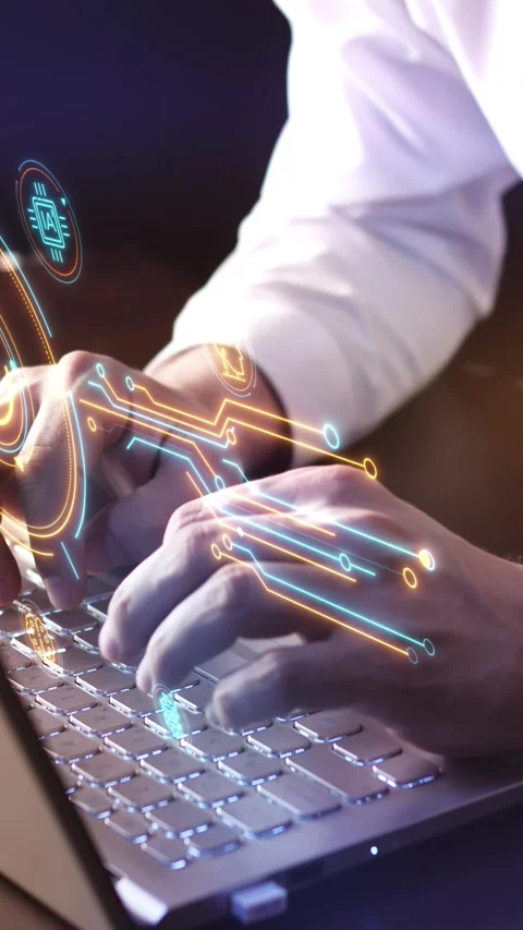 A programmer works with artificial intelligence on a laptop. Stock Footage 275846195