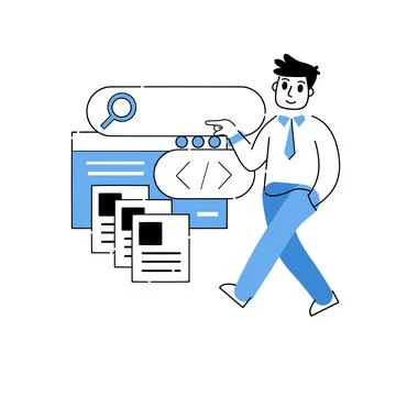 Programmer works with code and interface of application and website. 库存插图