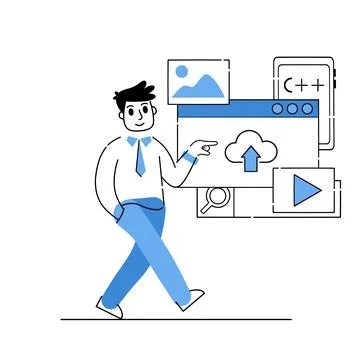 Programmer works with code and interface of application 库存插图