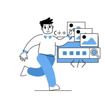 Programmer works with code and interface of application 스톡 일러스트