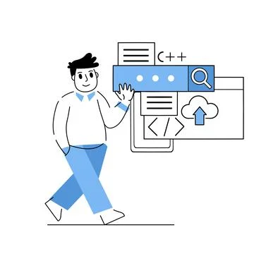 Programmer works with code and interface of application and website 스톡 일러스트