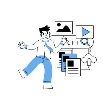 Programmer works with code and interface of application and website. Stockillustratie