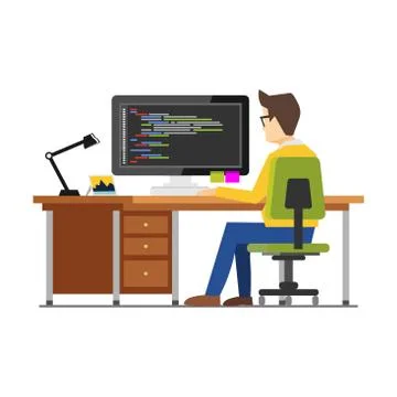 Programmer workspace. Programming. Development. Person working on computer. W Stock-Illustration