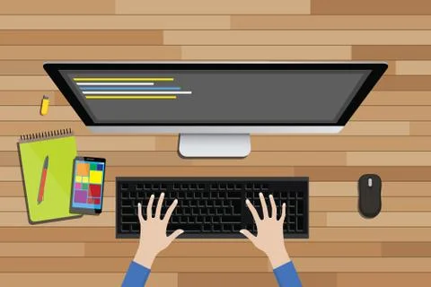 Programmer workspace view from top with desktop computer line code Stock Illustration