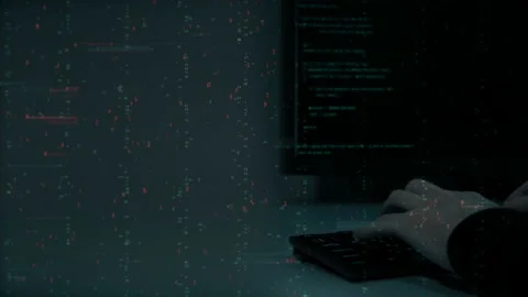 Programmer writes code in a computer terminal, a person hands on keyboard close Stock Footage 114994621
