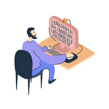 A programmer writes code on a desktop computer. Binary code on the monitor Stockillustratie