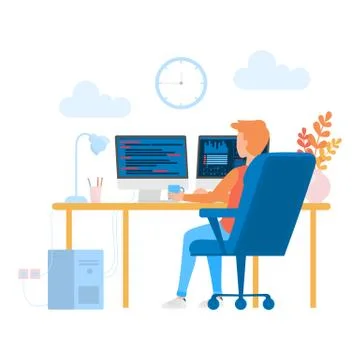 The programmer writes code. Illustrazione stock