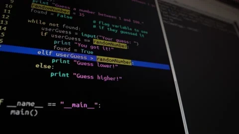 A programmer writes a program code, creating a program, on the screen Video stock 142101686