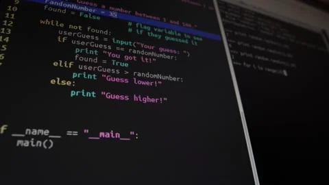 The programmer writes a program code, creating a program, on the screen Video stock 142103541