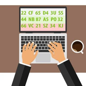 The programmer writes the program on the laptop. Hands of a man lie on Ilustración de archivo