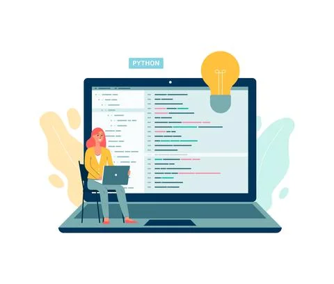 Programmer writing code on computer screen - cartoon woman with laptop Stock Illustration