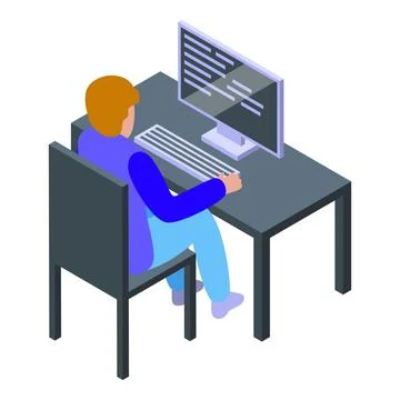 Programmer writing code on desktop computer, isometric view Stock-Illustration