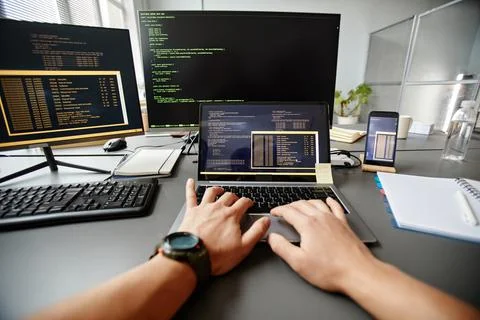 Programmer Writing Code POV Foto stock