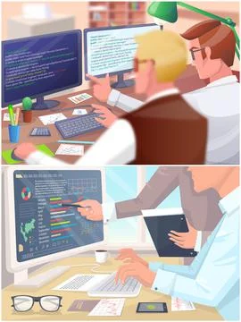 Programmers and analyst at table with computer pointing to display with charts Stock Illustration
