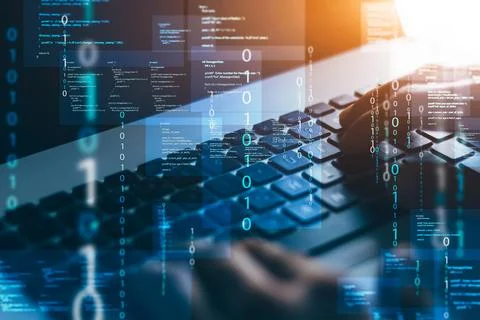 Programmers and cyber security technologies design websites and security in t 스톡 사진