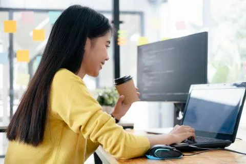 Programmers and developer teams are coding and developing software Stock Photos