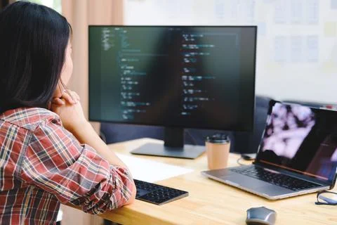 Programmers and developer teams are coding and developing software Foto stock