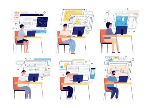 Programmers and developers. Computer game designer, web graphics or content Illustrazione stock