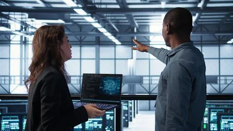 Programmers coding on laptop using artificial intelligence in server farm Stock-Fotos