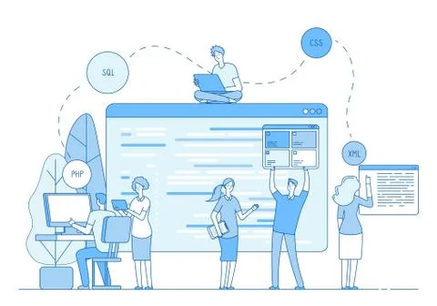 Programmers coding website. Coders write source code on screen on window. Php Illustrazione stock