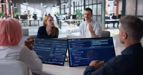 Programmers Collaborate Actively During Security Code Review Meeting Together Stock Photos