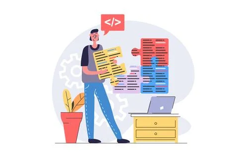 Programmers concept in modern flat design for web. Developer working with p.. イラスト素材