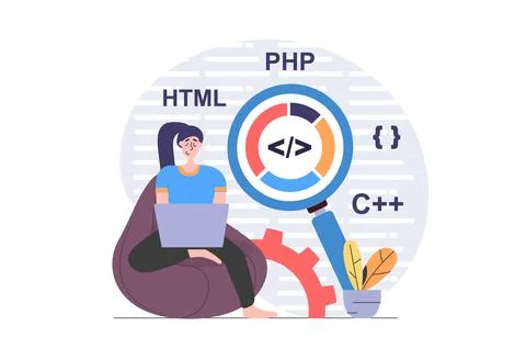 Programmers concept in modern flat design for web. Woman developer working .. 스톡 일러스트
