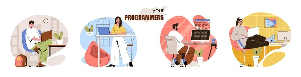 Programmers concept scenes set. Developers coding, create software or Stock Illustration
