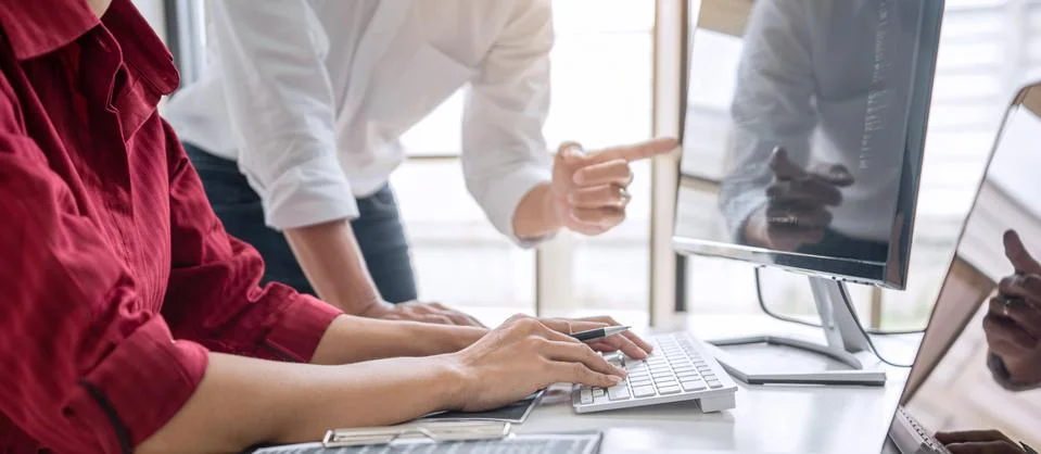 Programmers cooperating at Developing programming and website working in a so Stock-Fotos