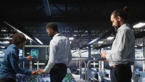 Programmers on data center industrial platform checking code on tablet Stock Photos