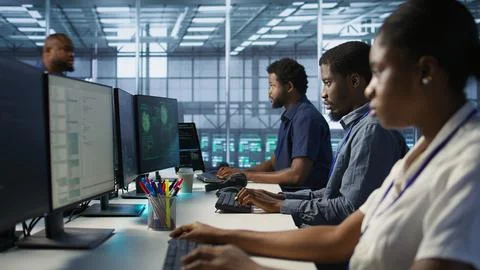Programmers in data center office doing teamwork to delete virus Foto stock