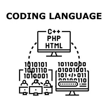 Programmers developing software using various coding languages Stock Illustration