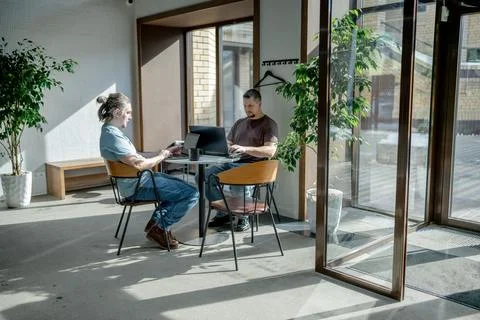 Programmers discussing over laptop working at startup. Office, business and 库存照片