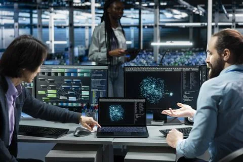 Programmers doing brainstorming in data center, using AI LLM assistant Stock Photos